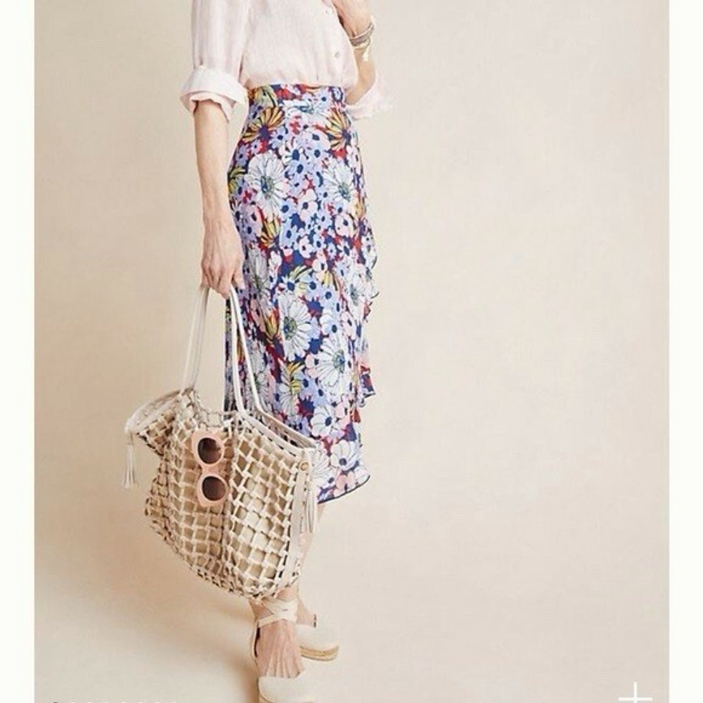 Anthropologie Maeve Sybil Wrap Midi Skirt S Floral Ruffled Garden Flower Power